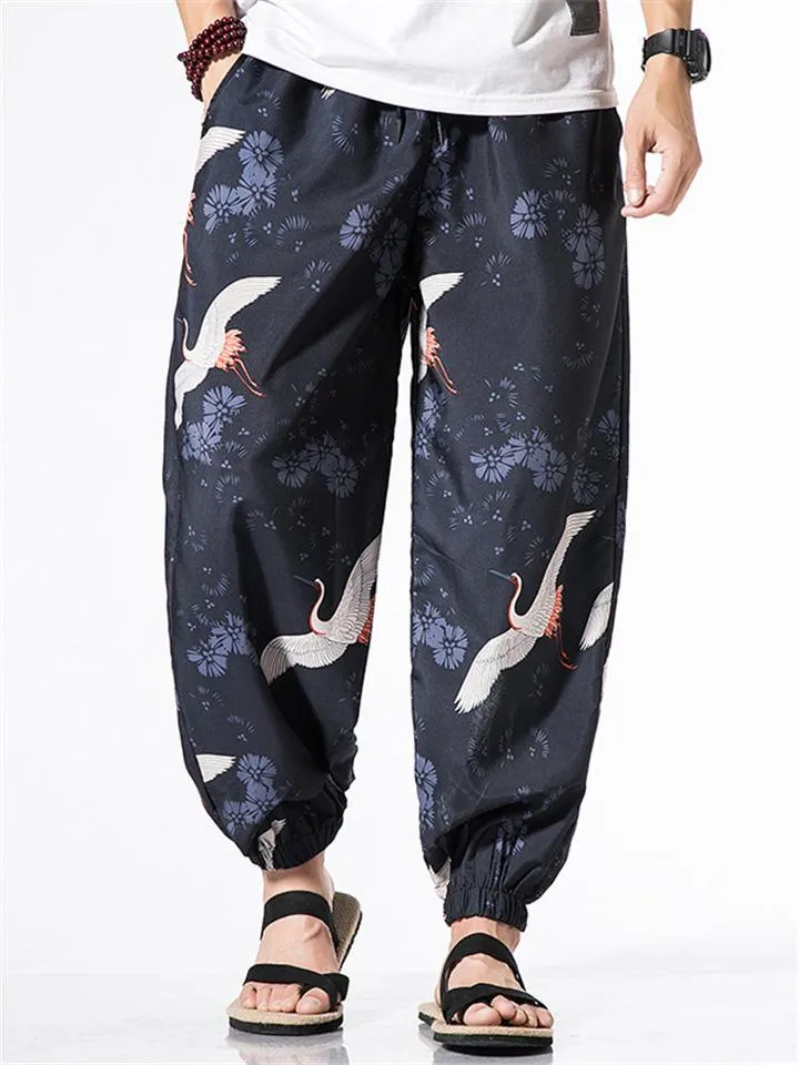 Mens Exotic Crane Elastic Waist Ankle Banded Pants