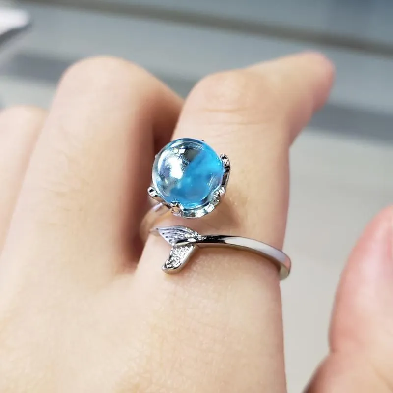 Mermaid Creative Fishtail Opening Rings With Blue Crystal Stone
