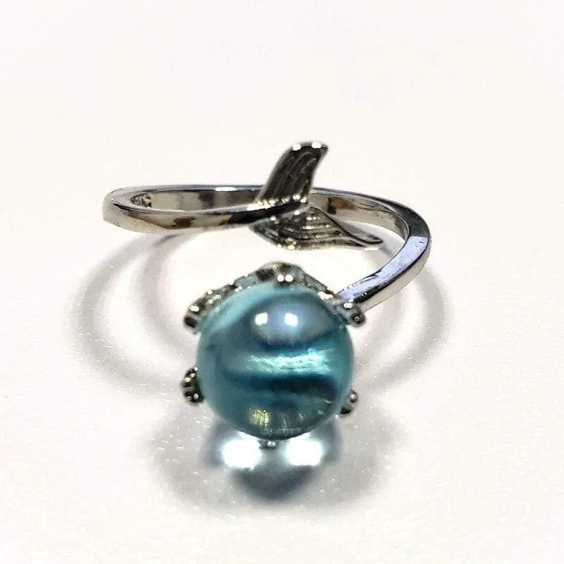 Mermaid Creative Fishtail Opening Rings With Blue Crystal Stone