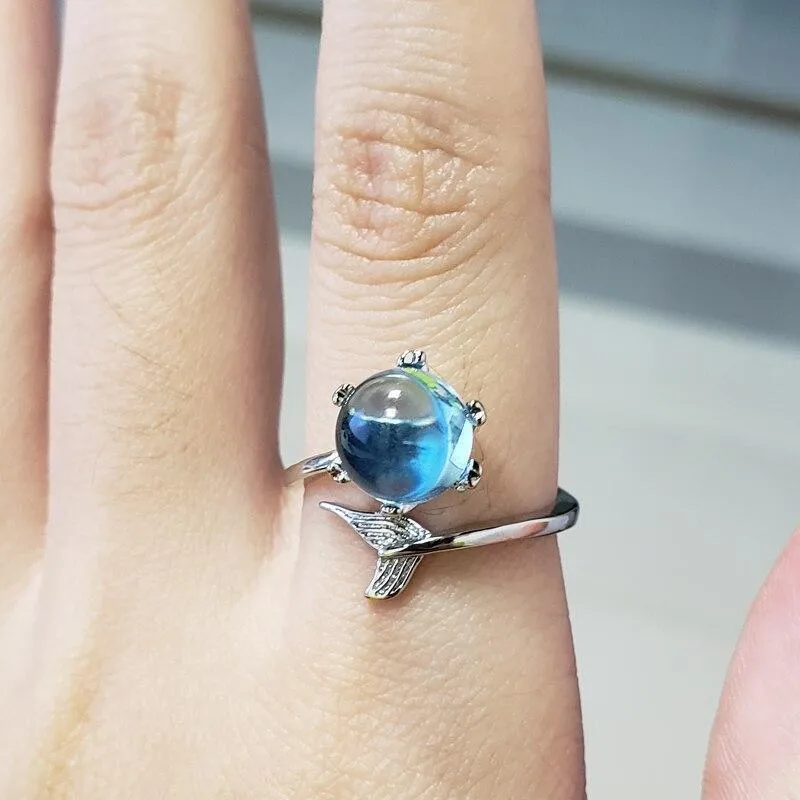 Mermaid Creative Fishtail Opening Rings With Blue Crystal Stone
