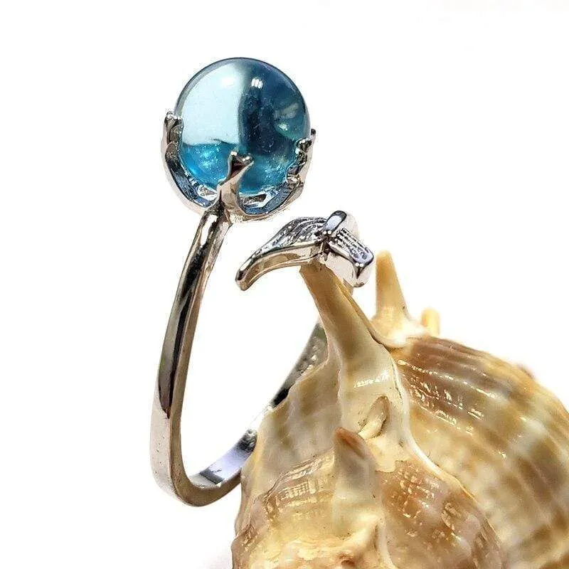 Mermaid Creative Fishtail Opening Rings With Blue Crystal Stone