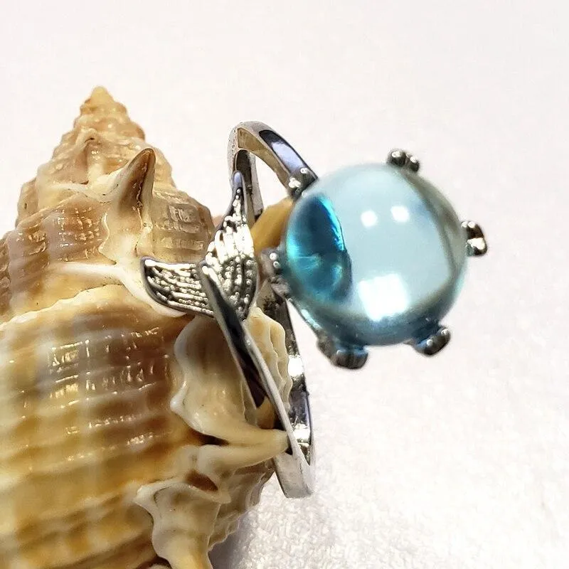 Mermaid Creative Fishtail Opening Rings With Blue Crystal Stone