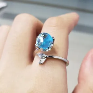 Mermaid Creative Fishtail Opening Rings With Blue Crystal Stone