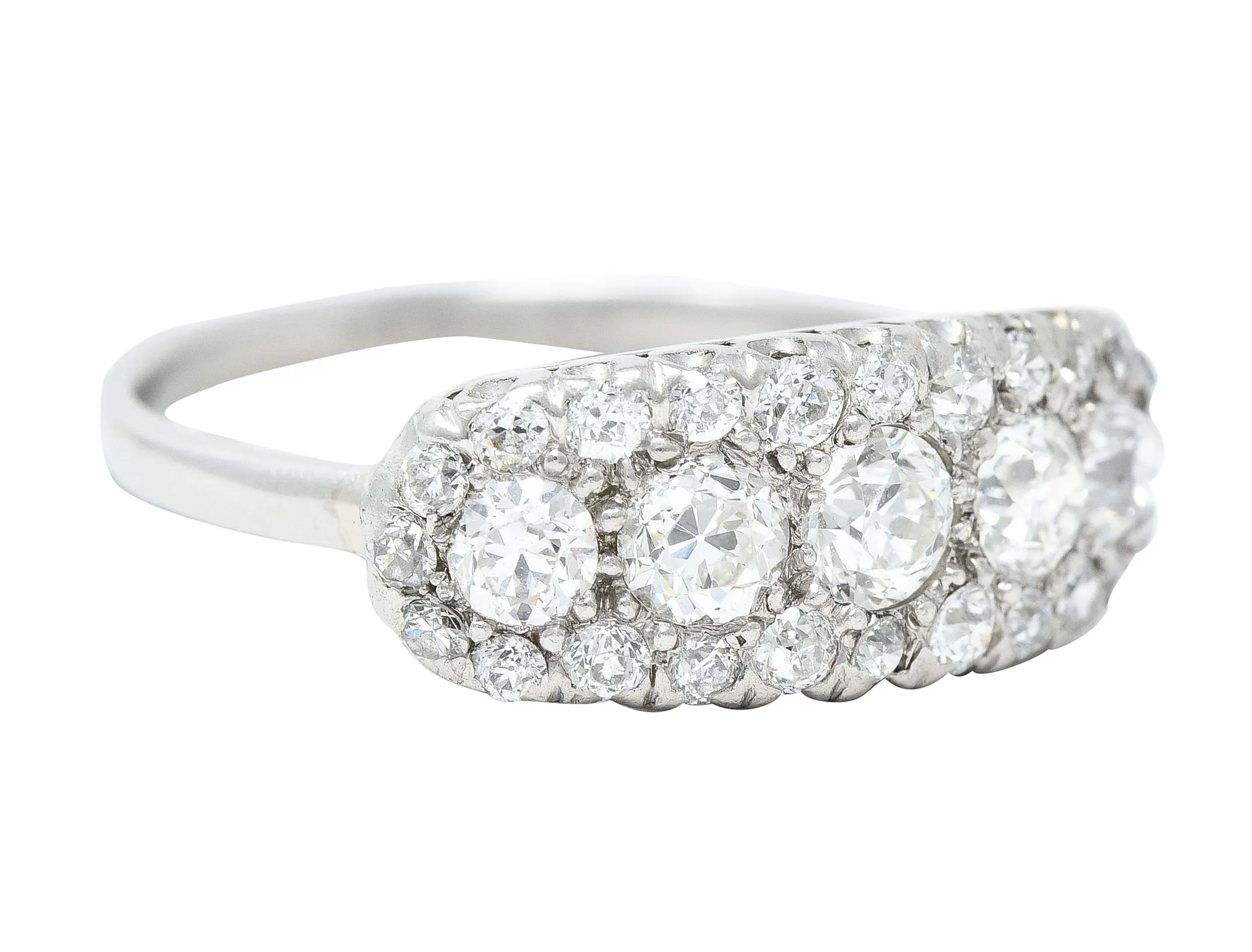 Mid-Century 1.39 CTW Old European Cut Diamond Platinum Clustered Fishtail Vintage Band Ring