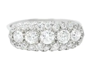 Mid-Century 1.39 CTW Old European Cut Diamond Platinum Clustered Fishtail Vintage Band Ring