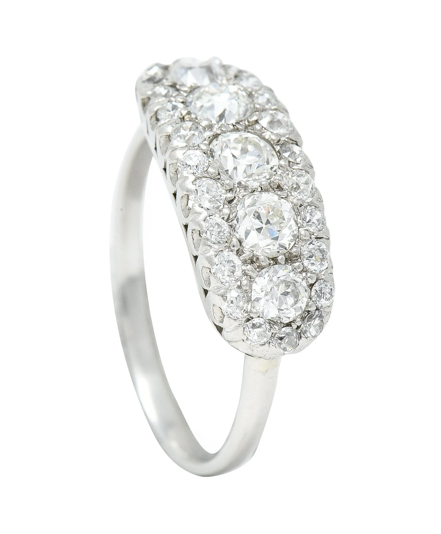 Mid-Century 1.39 CTW Old European Cut Diamond Platinum Clustered Fishtail Vintage Band Ring