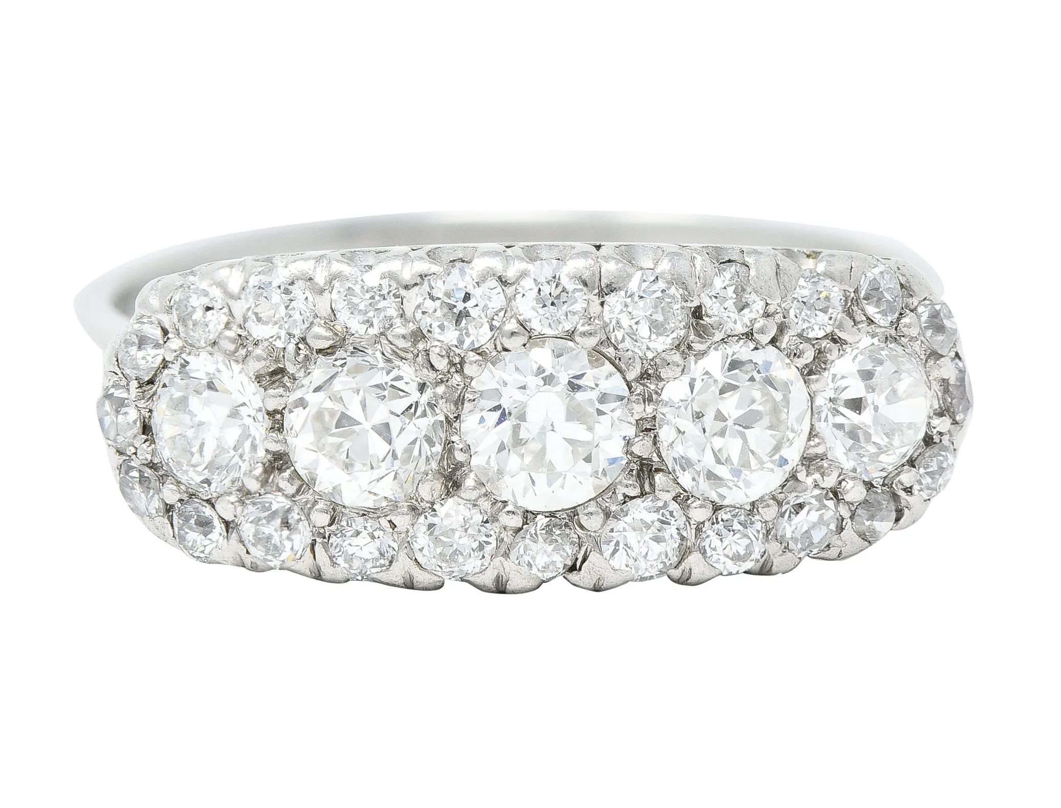 Mid-Century 1.39 CTW Old European Cut Diamond Platinum Clustered Fishtail Vintage Band Ring