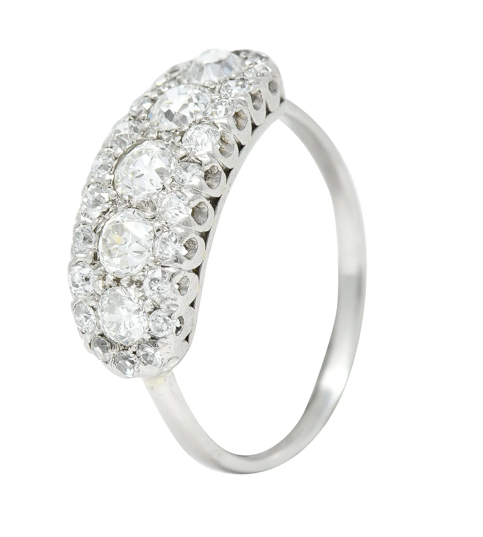 Mid-Century 1.39 CTW Old European Cut Diamond Platinum Clustered Fishtail Vintage Band Ring