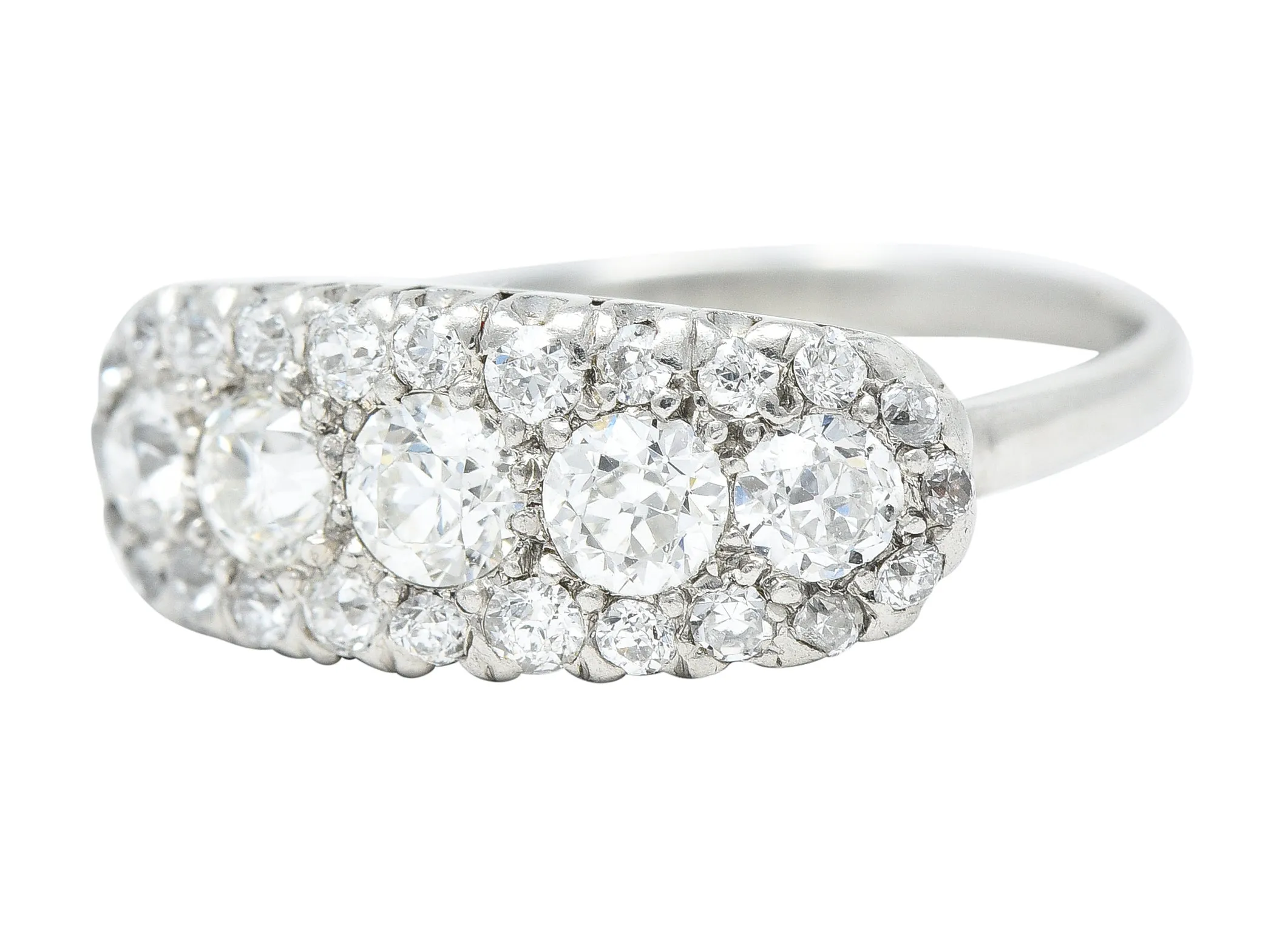 Mid-Century 1.39 CTW Old European Cut Diamond Platinum Clustered Fishtail Vintage Band Ring