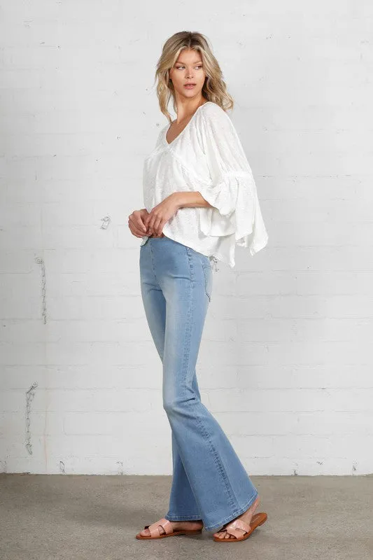 Mid Rise Light Wash Banded Wide Flare Jeans