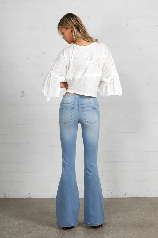 Mid Rise Light Wash Banded Wide Flare Jeans