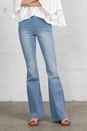 Mid Rise Light Wash Banded Wide Flare Jeans