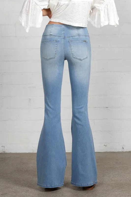 Mid Rise Light Wash Banded Wide Flare Jeans