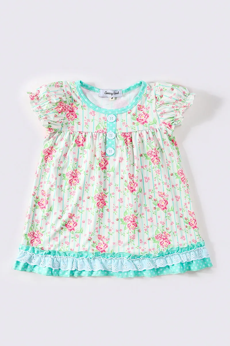 Mint Floral Print Girl Dress