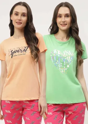 mSECRET Graphic Print Green & Peach Combo  T-shirt