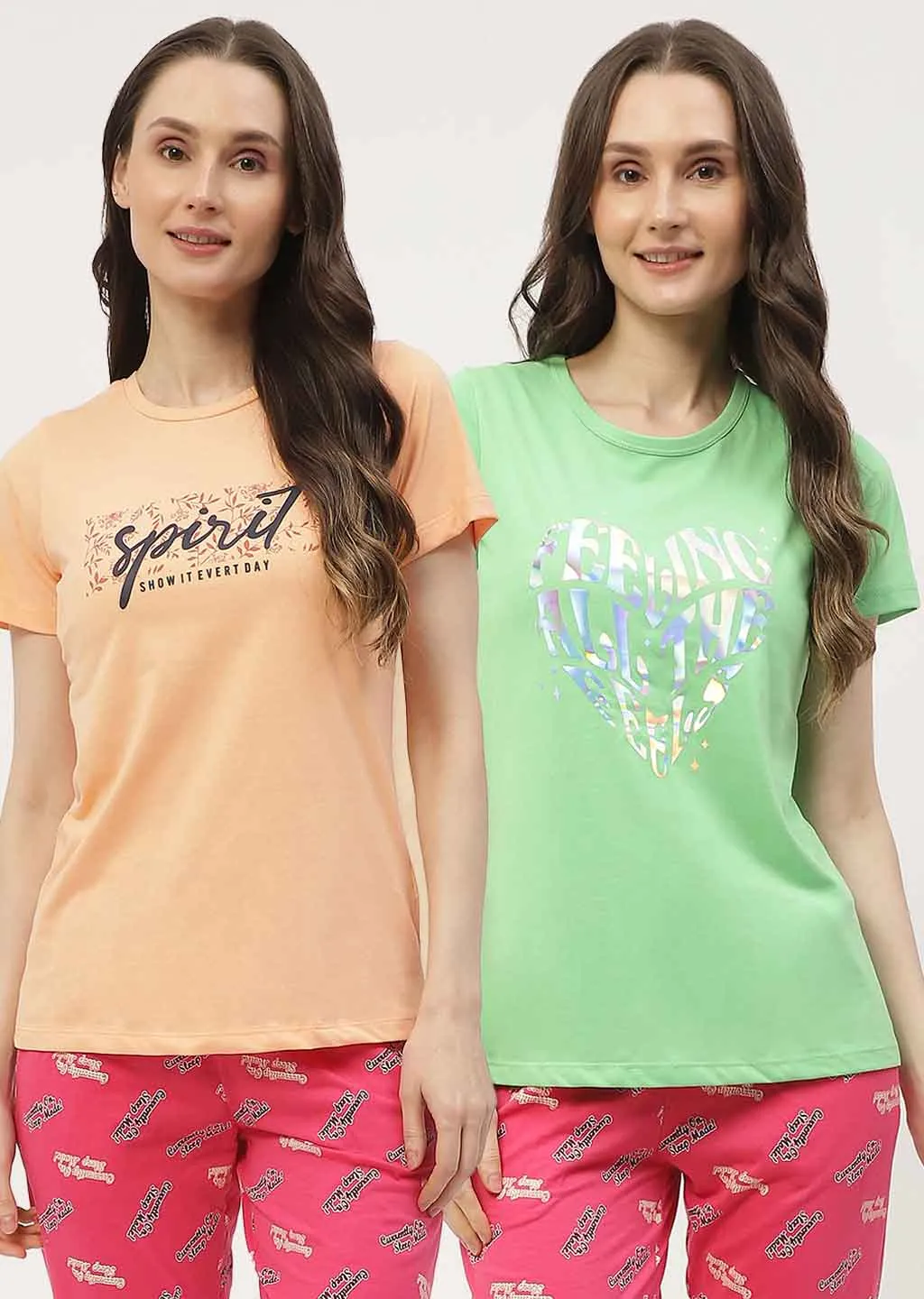 mSECRET Graphic Print Green & Peach Combo  T-shirt