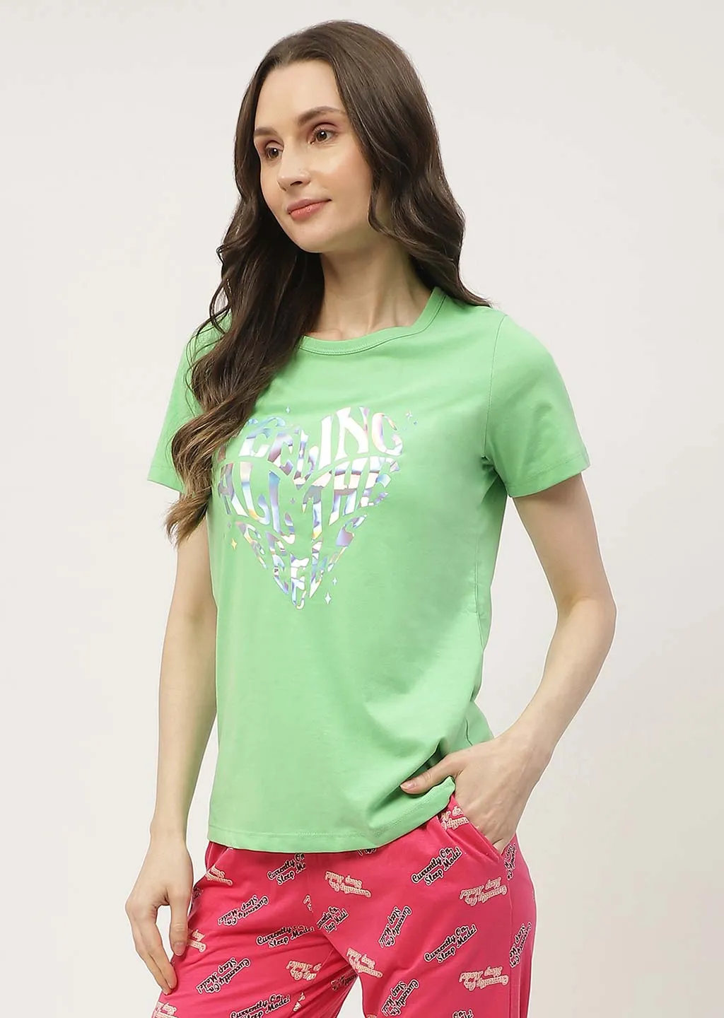 mSECRET Graphic Print Green & Peach Combo  T-shirt