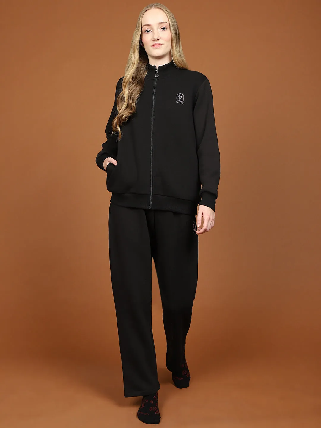 mSECRET Print Adorned Zipped Top and Bottom Cotton Blend Black Night Suit