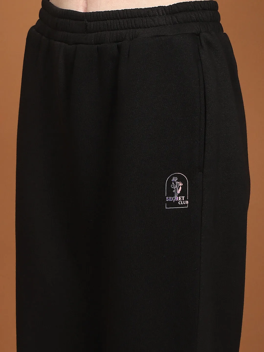 mSECRET Print Adorned Zipped Top and Bottom Cotton Blend Black Night Suit