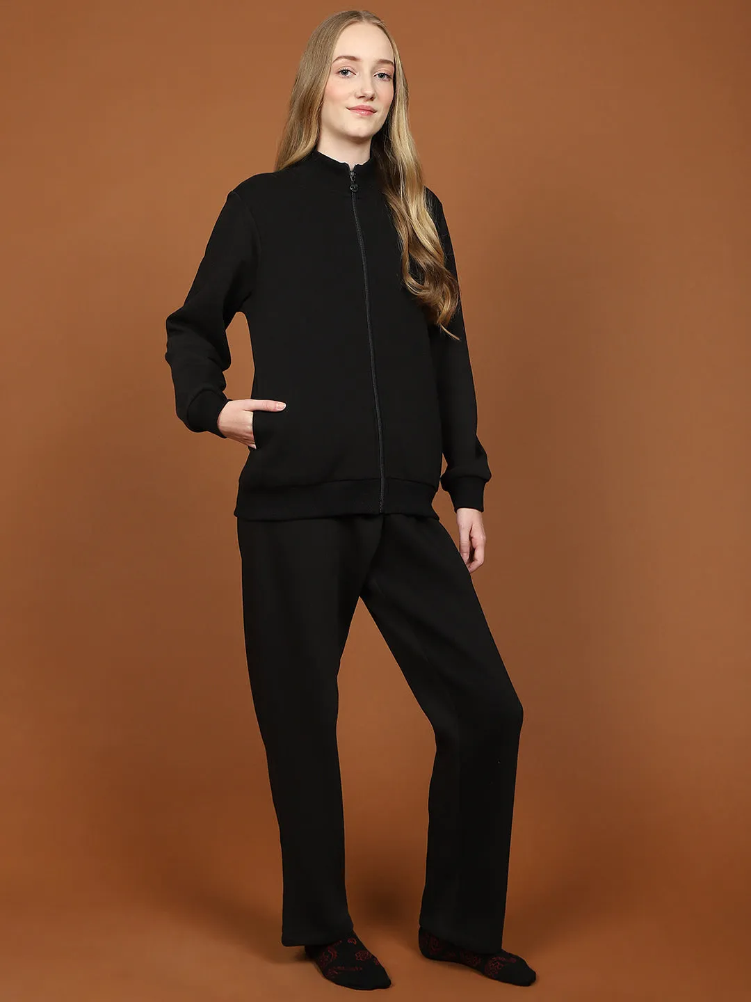 mSECRET Print Adorned Zipped Top and Bottom Cotton Blend Black Night Suit