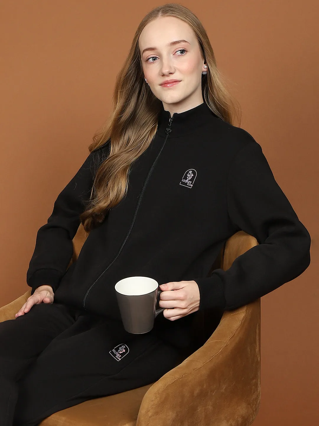 mSECRET Print Adorned Zipped Top and Bottom Cotton Blend Black Night Suit