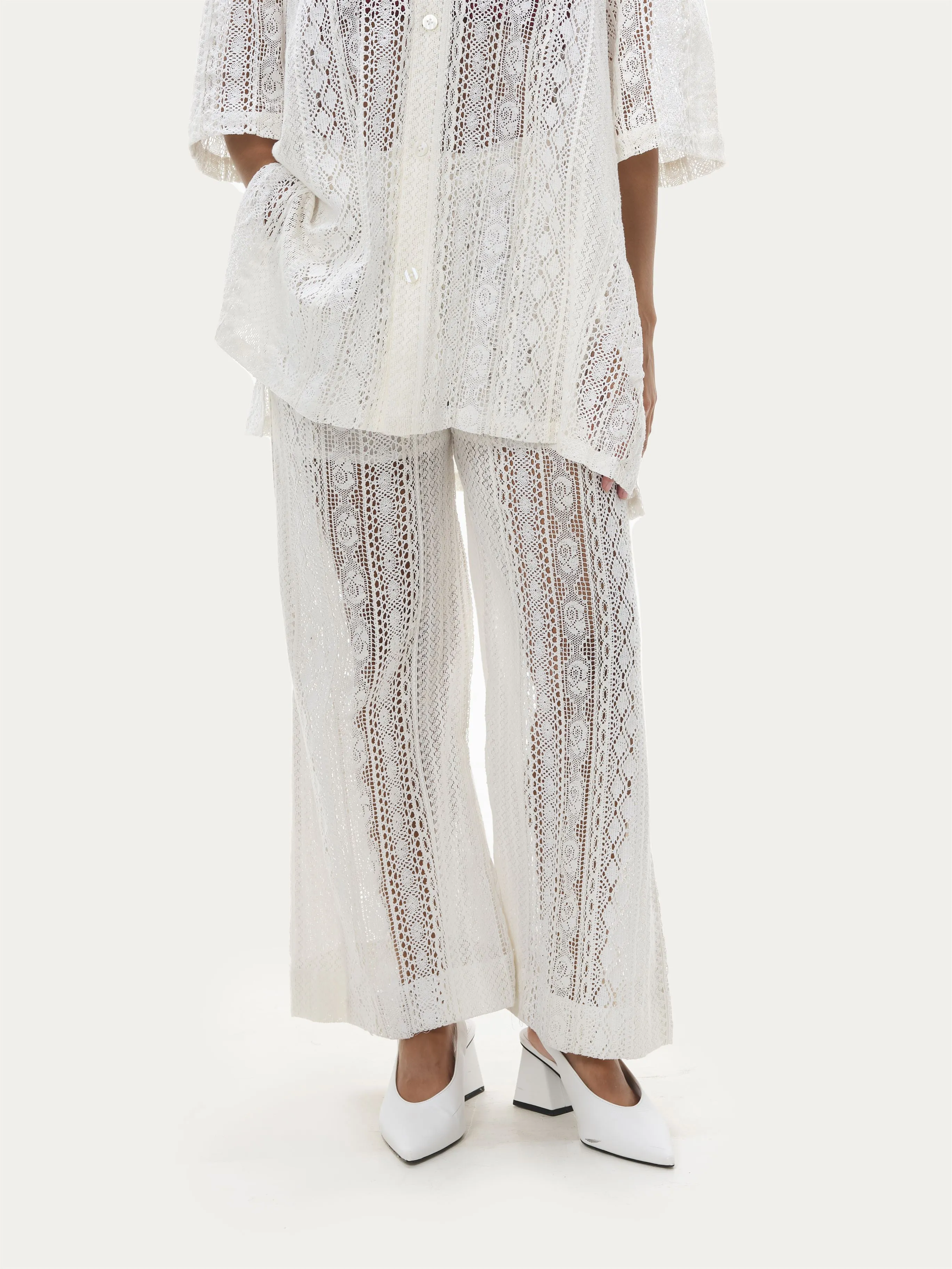 Naushad Ali   I   Lace flare pants White Signature Spring Summer 2025 White Cotton lace NA SS24 W28P