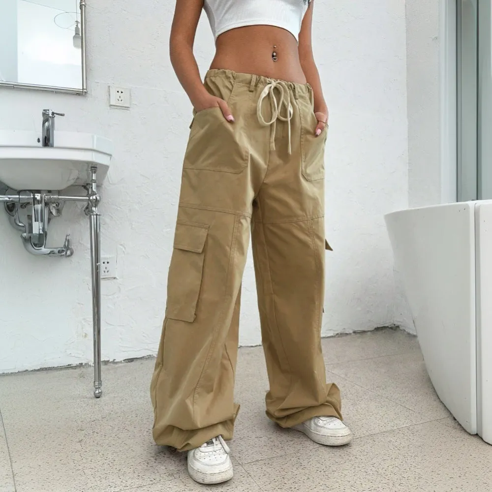 New women's n tooling casual pants spring and summer new elastic waist functional wind wide-leg trousers