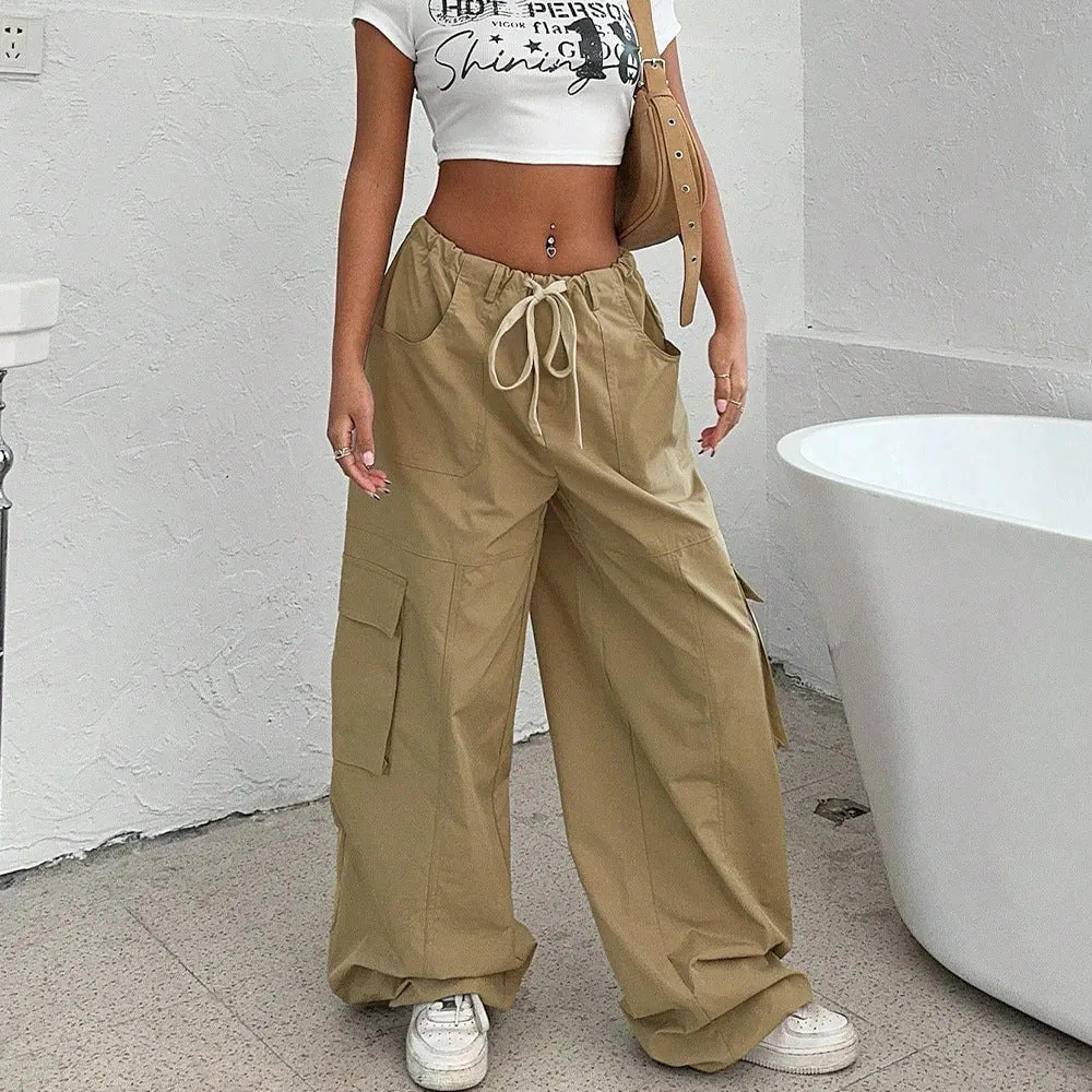 New women's n tooling casual pants spring and summer new elastic waist functional wind wide-leg trousers