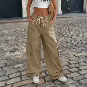 New women's n tooling casual pants spring and summer new elastic waist functional wind wide-leg trousers
