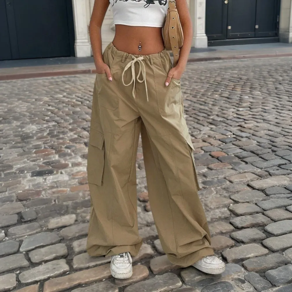 New women's n tooling casual pants spring and summer new elastic waist functional wind wide-leg trousers