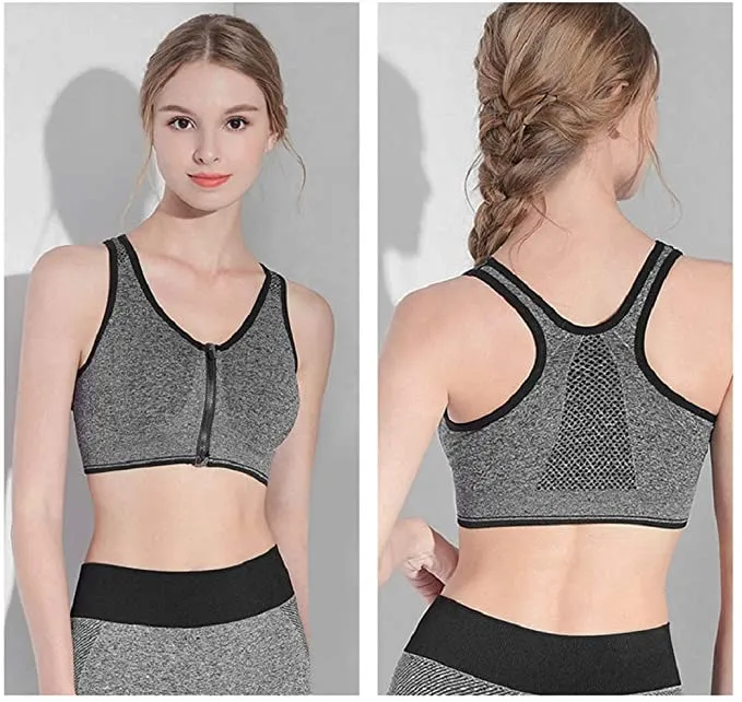 New Yusongirl Shockproof Zipper Front Sports Bras for Women Wirefree, Heather grey, Sz M!
