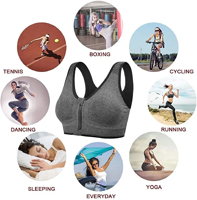 New Yusongirl Shockproof Zipper Front Sports Bras for Women Wirefree, Heather grey, Sz M!