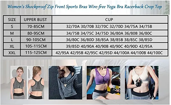 New Yusongirl Shockproof Zipper Front Sports Bras for Women Wirefree, Heather grey, Sz M!