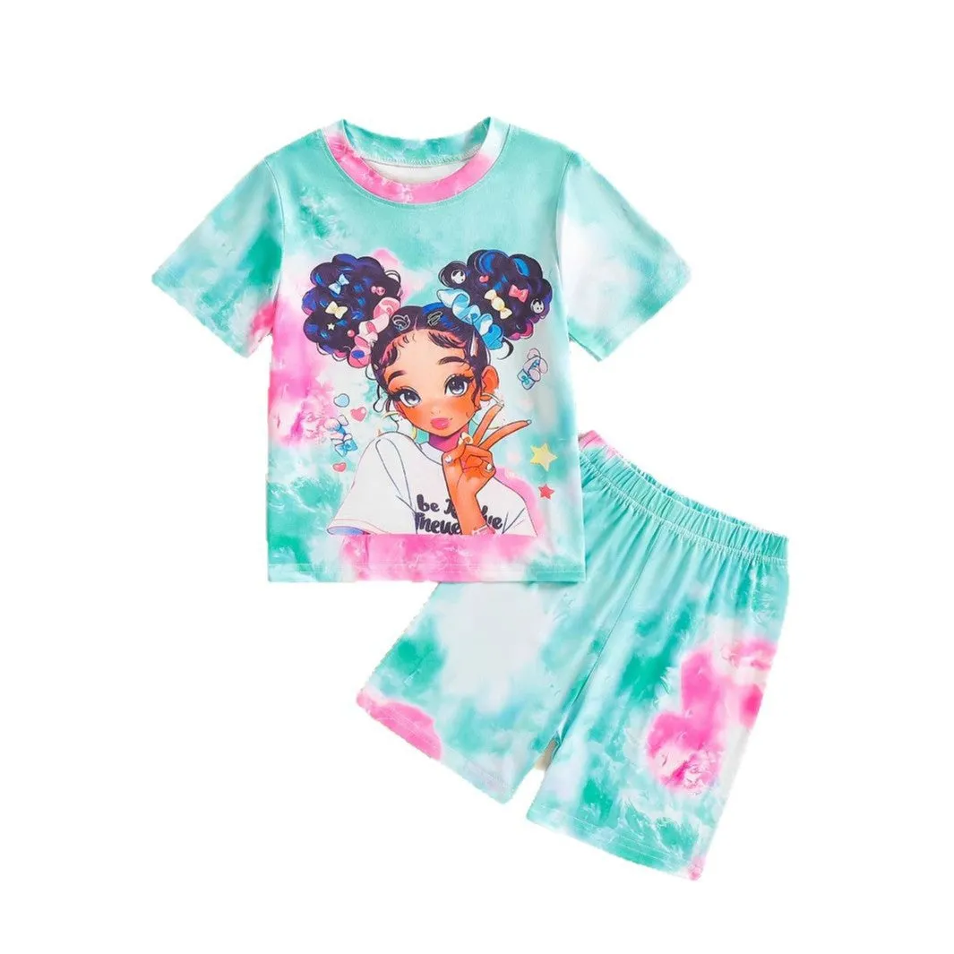 Nezha girls summer suit summer new fashionable girls tie-dye half-sleeved thin sports t-shirt mosquito-proof pants tide