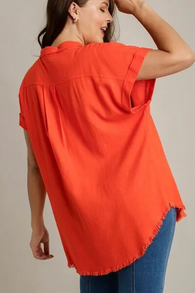 Orange Linen Blend Button Down Short Folded Sleeve Shirt