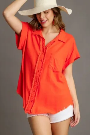 Orange Linen Blend Button Down Short Folded Sleeve Shirt