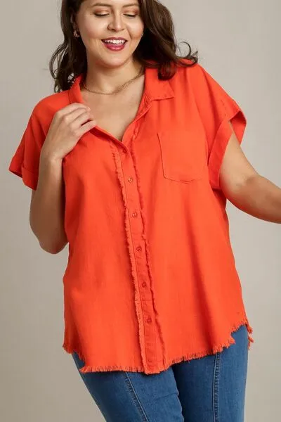 Orange Linen Blend Button Down Short Folded Sleeve Shirt