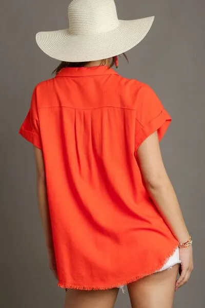 Orange Linen Blend Button Down Short Folded Sleeve Shirt