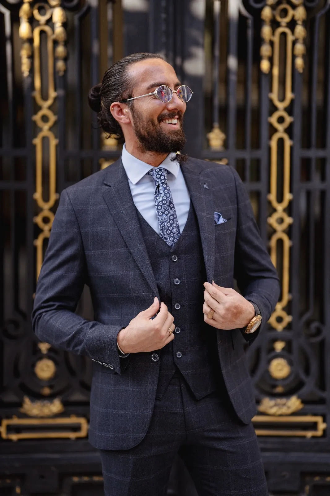 Paris Navy Blue Slim Fit Notch Lapel 3 Piece Check Suit