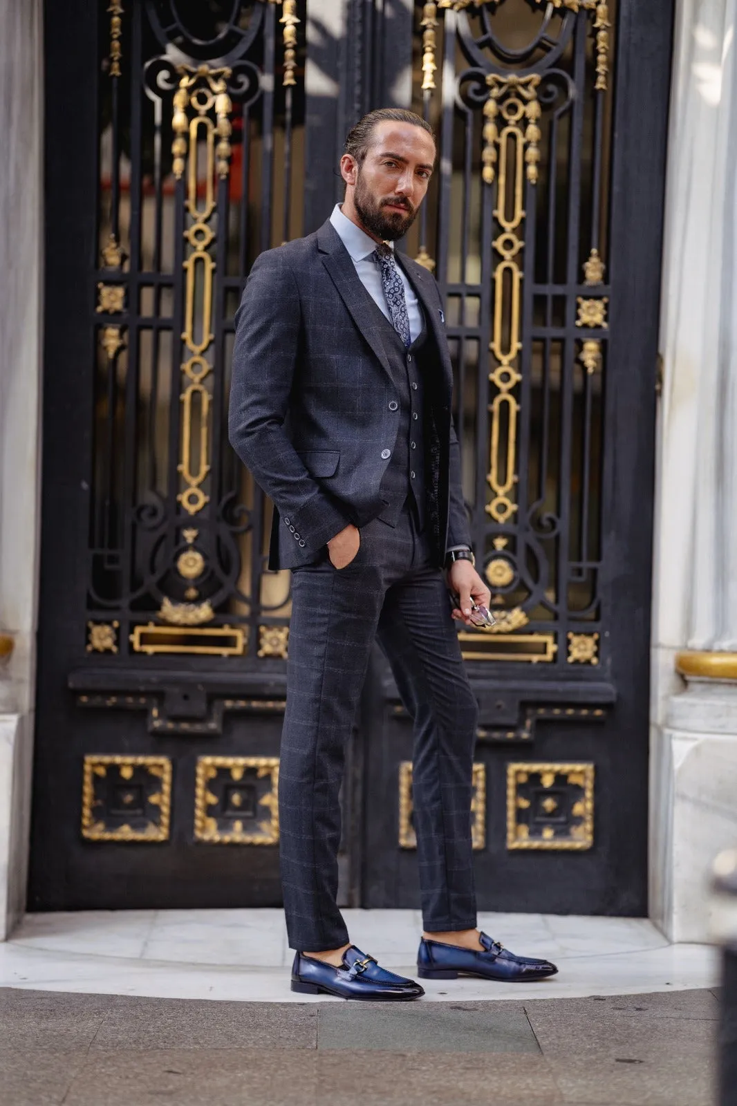 Paris Navy Blue Slim Fit Notch Lapel 3 Piece Check Suit