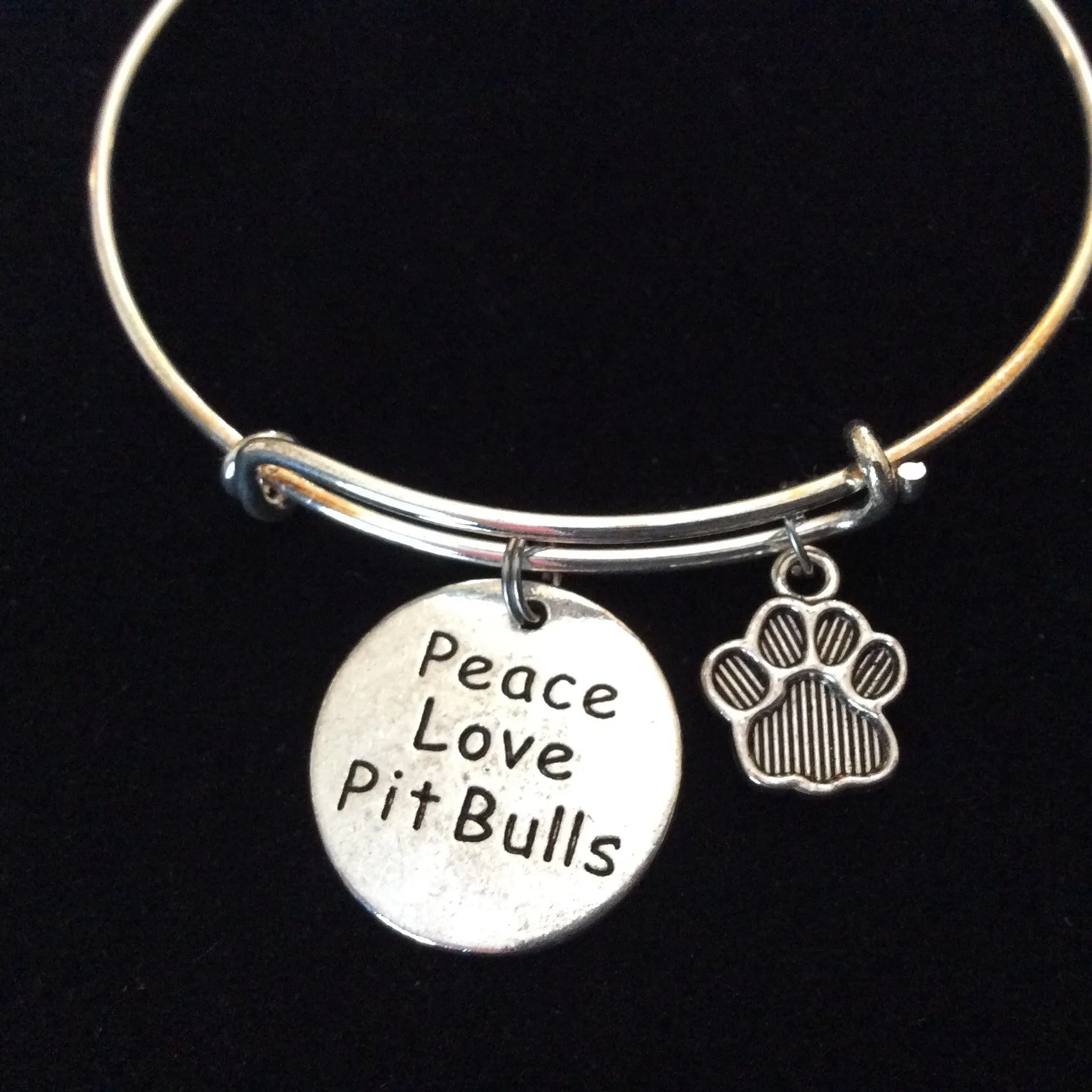 Peace Love Pit Bull Dog Paw Charm on a Silver Expandable Adjustable Bangle Bracelet Meaningful Gift Animal