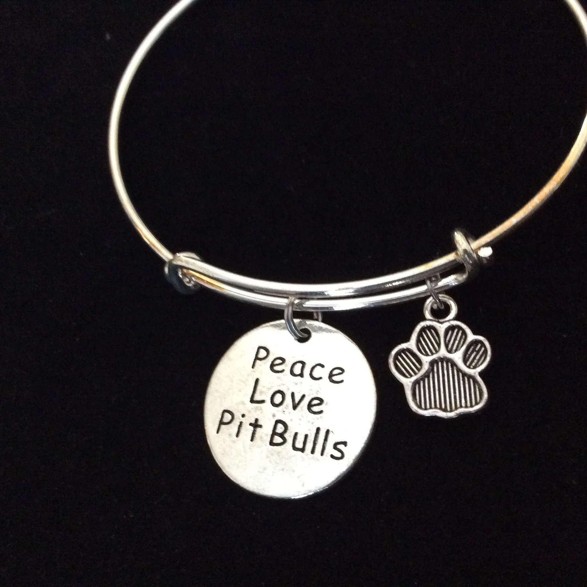 Peace Love Pit Bull Dog Paw Charm on a Silver Expandable Adjustable Bangle Bracelet Meaningful Gift Animal