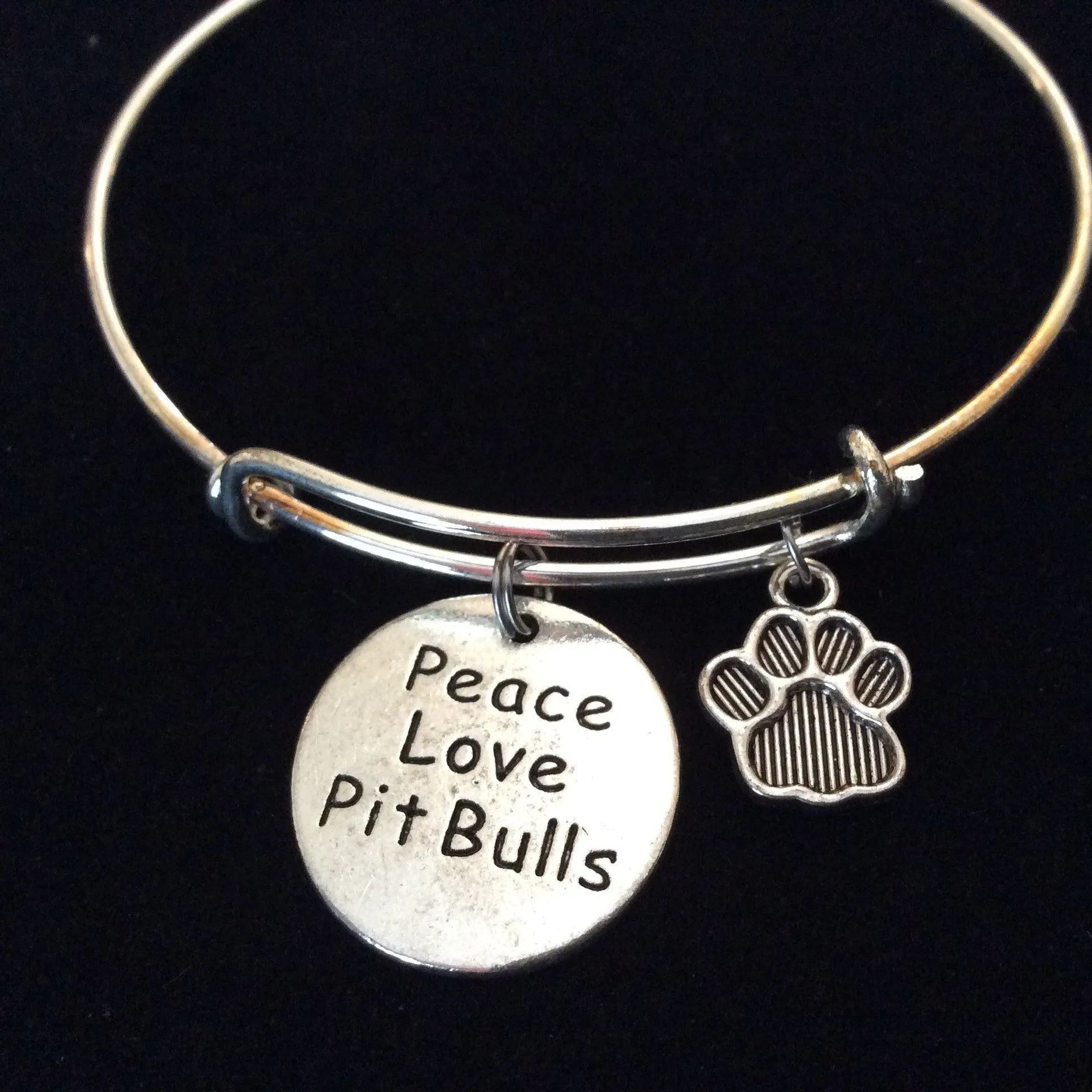 Peace Love Pit Bull Dog Paw Charm on a Silver Expandable Adjustable Bangle Bracelet Meaningful Gift Animal
