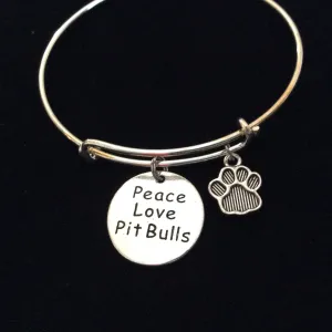Peace Love Pit Bull Dog Paw Charm on a Silver Expandable Adjustable Bangle Bracelet Meaningful Gift Animal
