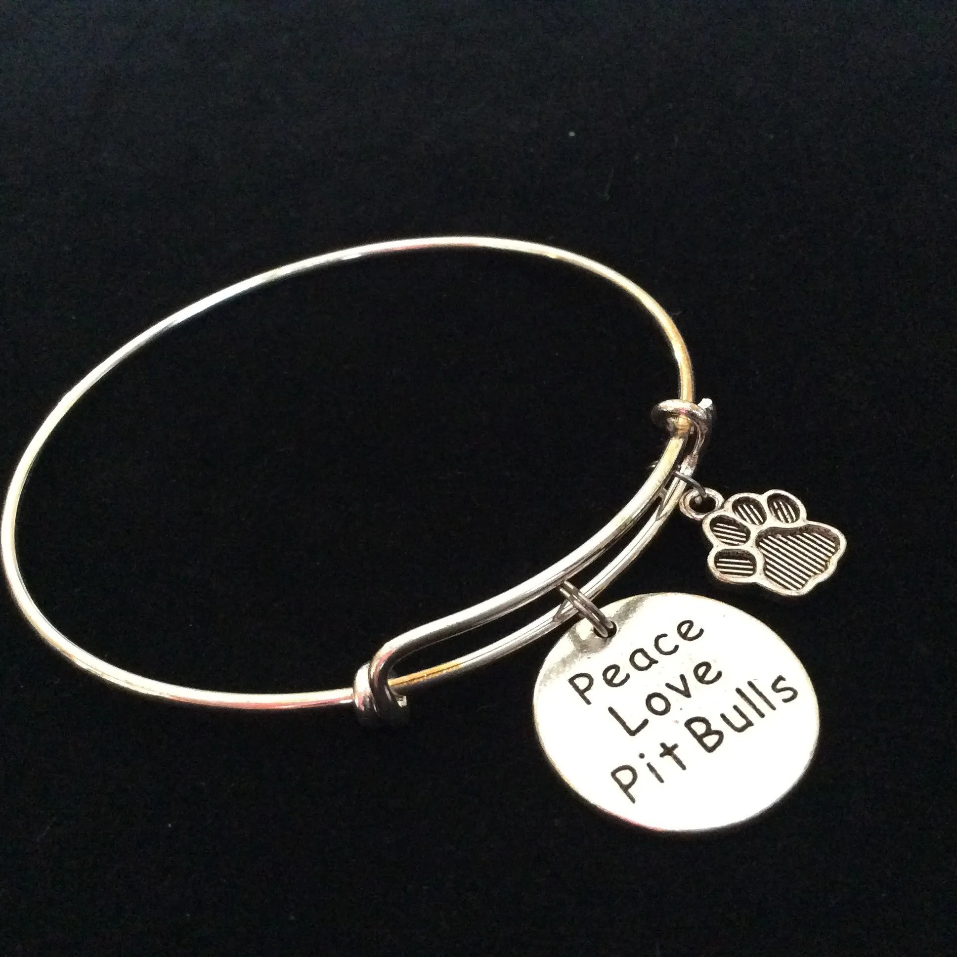Peace Love Pit Bull Dog Paw Charm on a Silver Expandable Adjustable Bangle Bracelet Meaningful Gift Animal