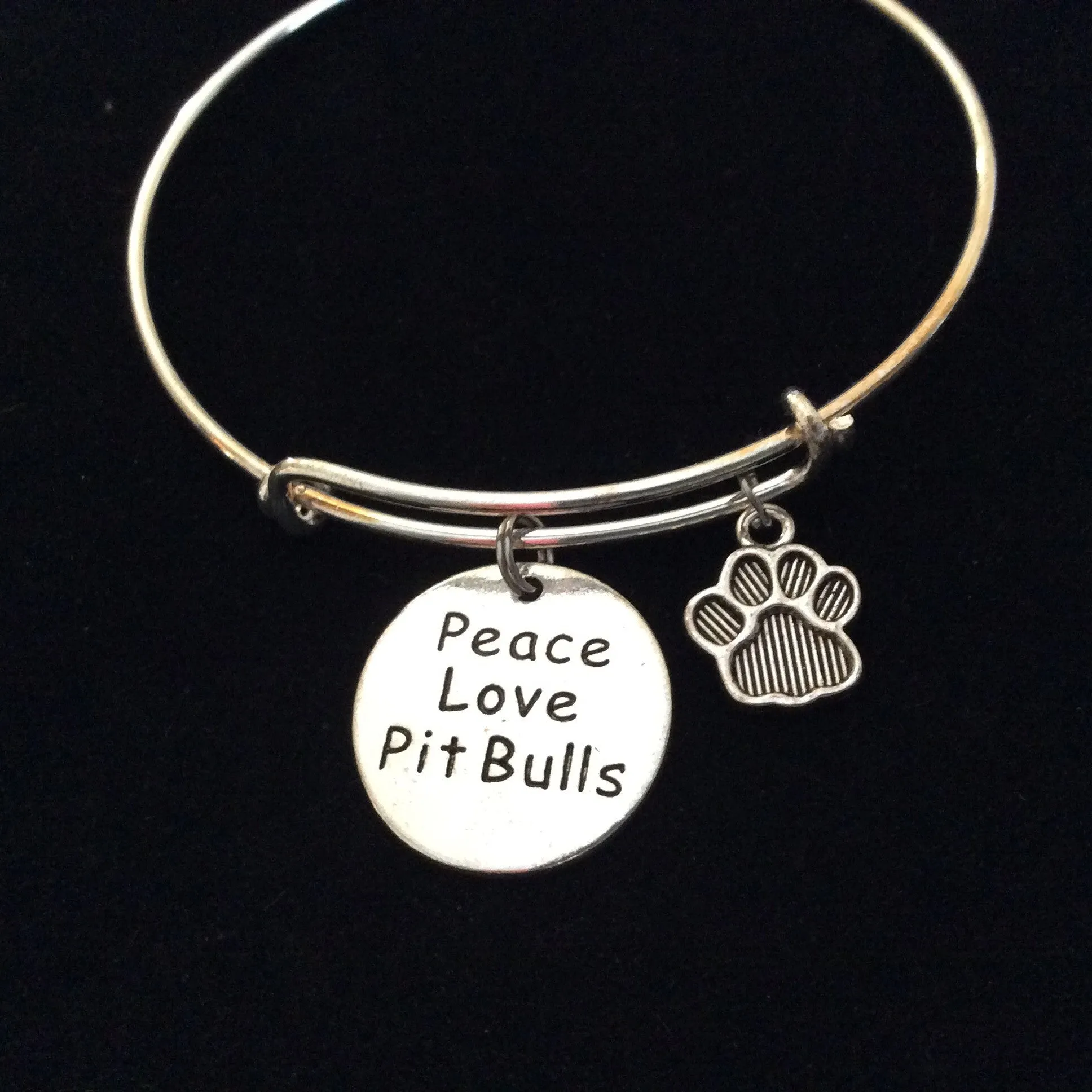 Peace Love Pit Bull Dog Paw Charm on a Silver Expandable Adjustable Bangle Bracelet Meaningful Gift Animal