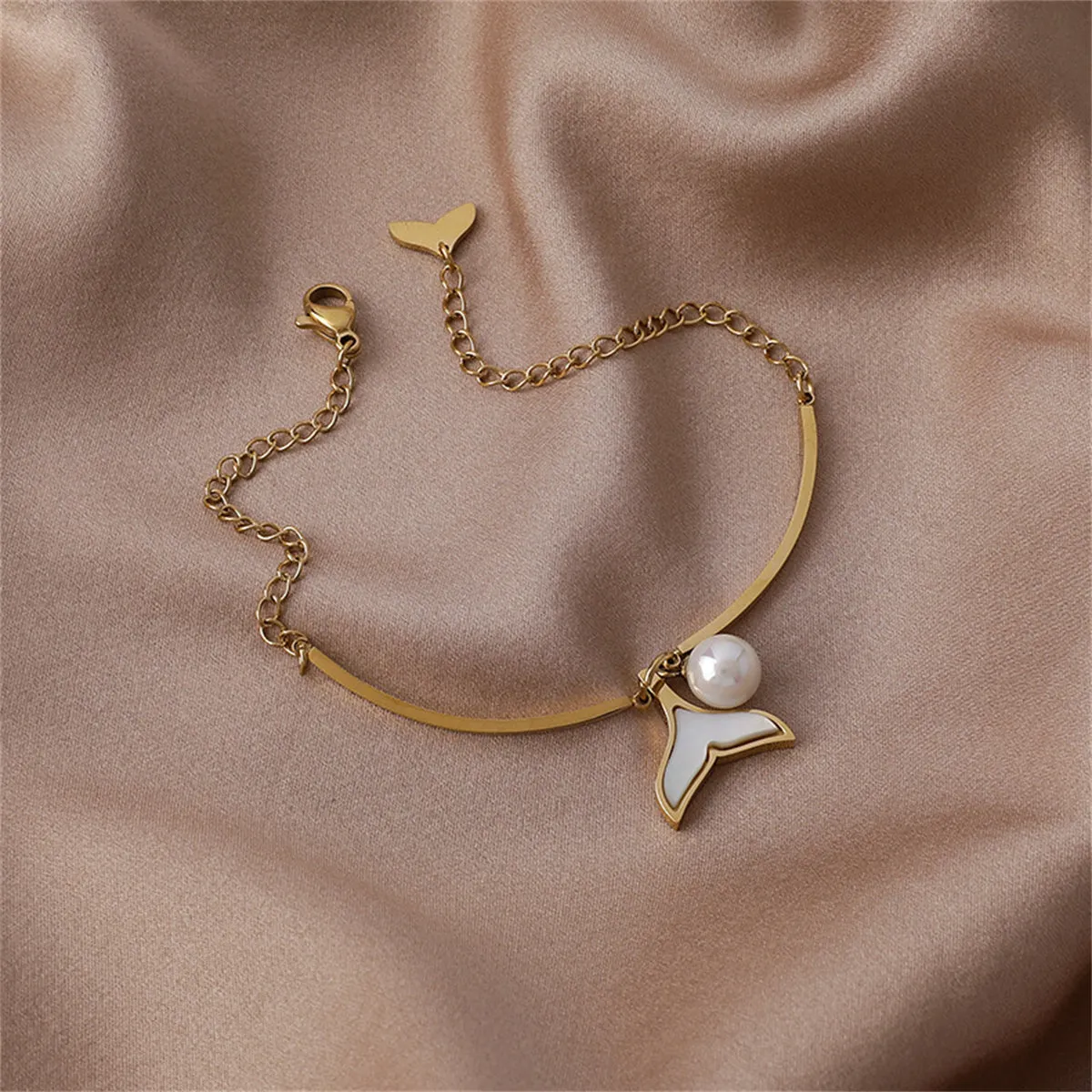 Pearl & White Shell 18K Gold-Plated Fishtail Charm Bracelet