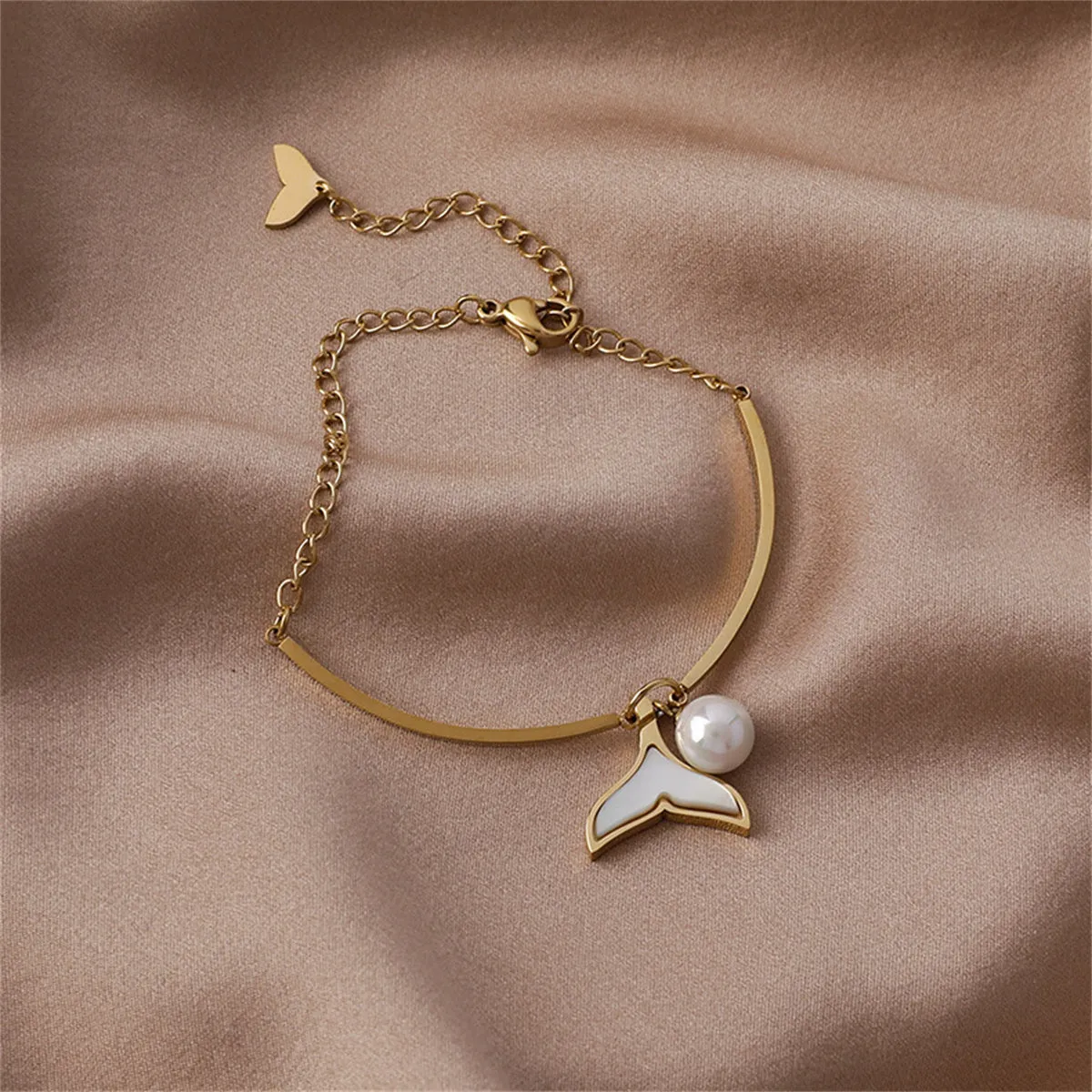 Pearl & White Shell 18K Gold-Plated Fishtail Charm Bracelet
