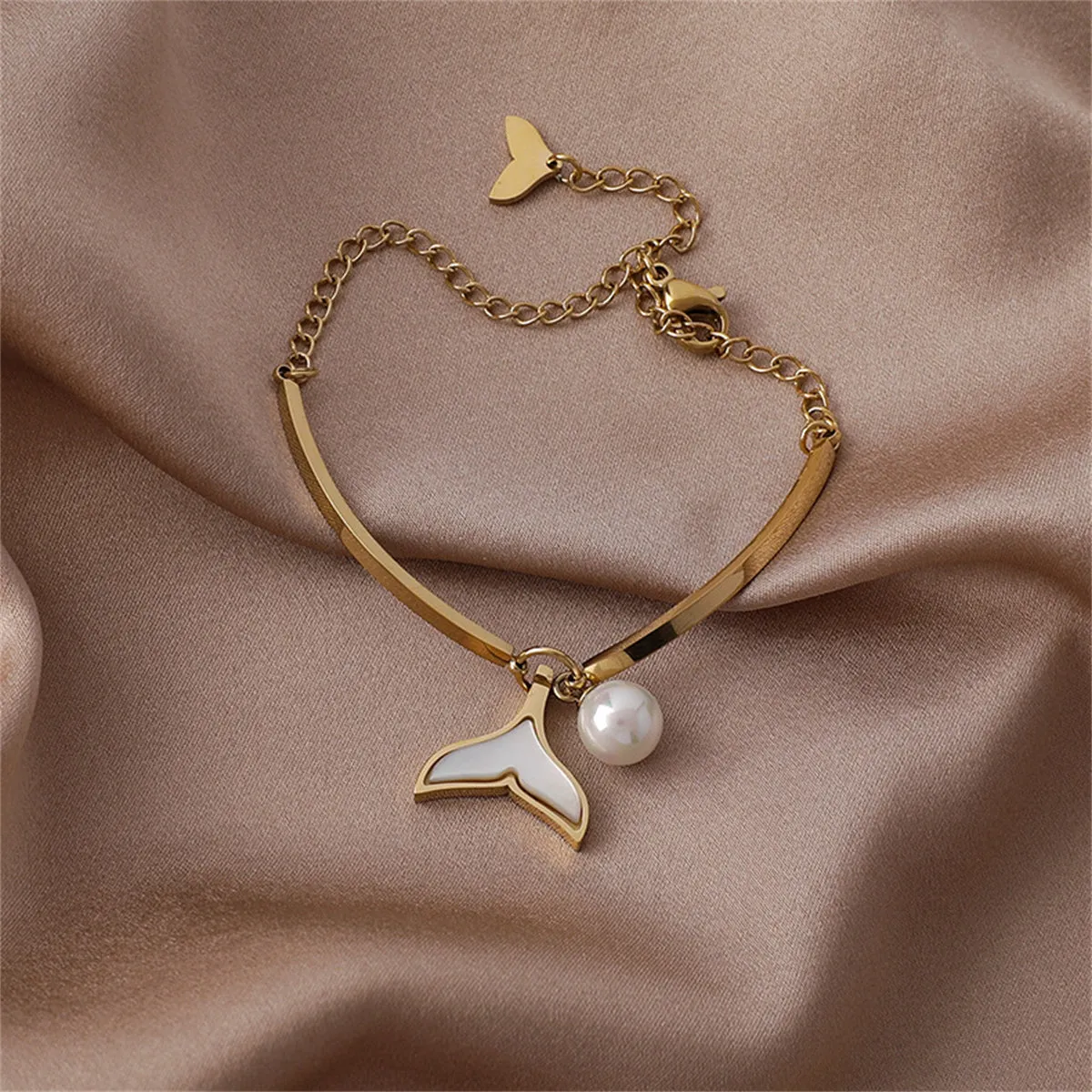 Pearl & White Shell 18K Gold-Plated Fishtail Charm Bracelet