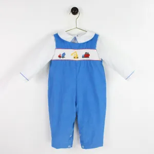 Petit Ami Boys Royal Blue Corduroy Construction Trucks Longall Romper 3 6 9 Months